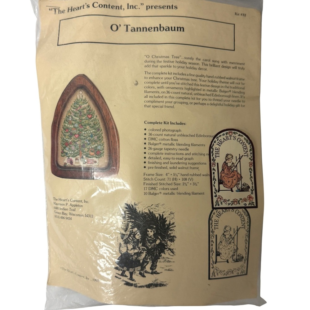 The Heart's Content O'Tannenbaum Christmas Tree Cross Stitch Kit 32 Walnut Frame